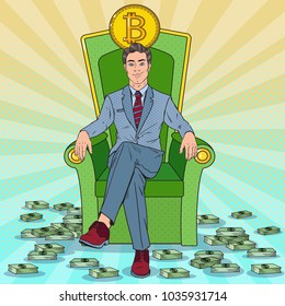 Pop Art Successful Businessman Sitting on Throne with Bitcoin and Money Stacks. Crypto currency Market Concept. Vector illustration