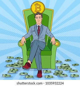 Pop Art Successful Businessman Sitting on Throne with Bitcoin and Money Stacks. Crypto currency Market Concept. Vector illustration