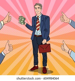 Pop Art Successful Businessman with Stack of Money. Business Success. Vector illustration