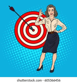 Pop Art Successful Businesswoman Achieved the Target. Business Success. Vector illustration