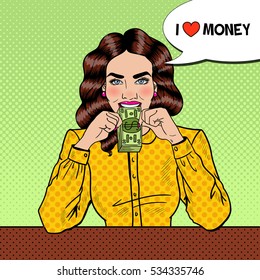 Pop Art Successful Young Beautiful Woman Eating Money. Vector illustration