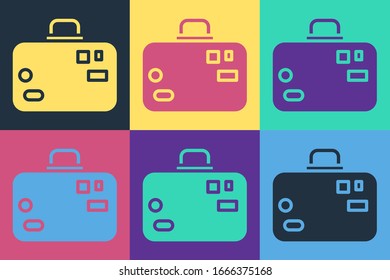 Pop art Suitcase for travel icon isolated on color background. Traveling baggage sign. Travel luggage icon.  Vector Illustration