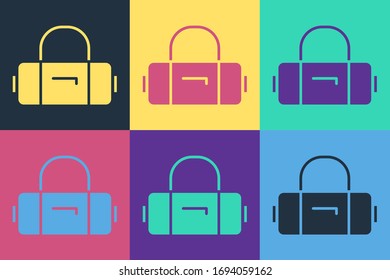 Pop art Suitcase for travel icon isolated on color background. Traveling baggage sign. Travel luggage icon.  Vector Illustration