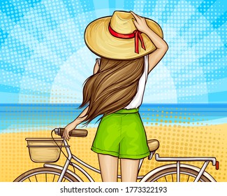 Pop art summer girl in shorts and straw hat standing backwards with bicycle, vector illustration on halftone background with sea and beach. Young woman near bicycle with basket, back view.