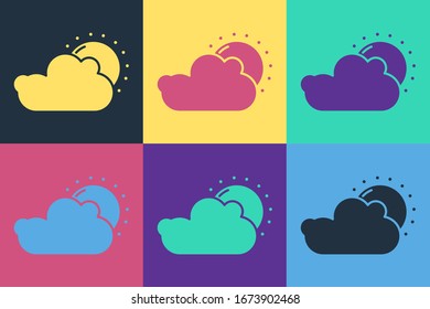 Pop art Sun and cloud weather icon isolated on color background.  Vector Illustration