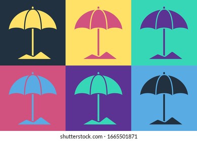 Pop art Sun protective umbrella for beach icon isolated on color background. Large parasol for outdoor space. Beach umbrella.  Vector Illustration
