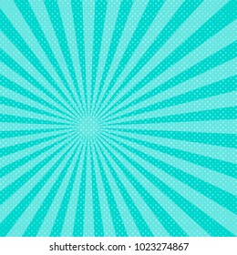 Pop art sunbeams background with dots. Vector illustration. Abstract background with halftone dots design.