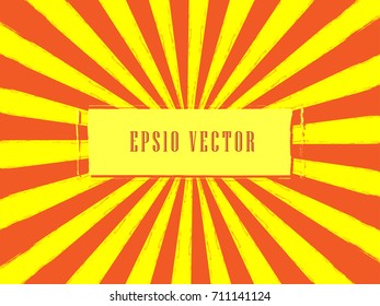 Pop art sunburst background in yellow and orange with rectangle text space in the middle. Vector illustration. Spring pattern of hand painted ink brush stroke texture and message bubble. Grunge style.