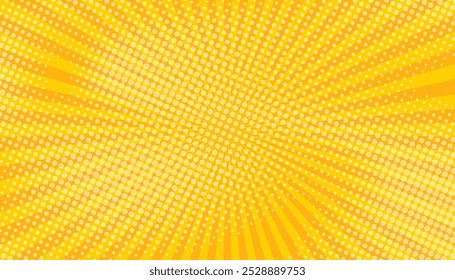 Pop art sunburst. comic book background with comic halftone. radial rays with dots on yellow comic background. yellow sunbeam. vector illustration