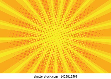 Pop art sunburst pattern, comic halftone background. Retro explosion backdrop. Radial rays with dots, yellow sunbeam. Vector illustration.