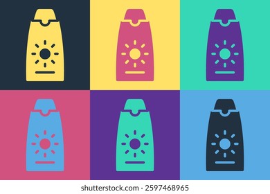 Pop art Sunscreen cream in tube icon isolated on color background. Protection for the skin from solar ultraviolet light.  Vector