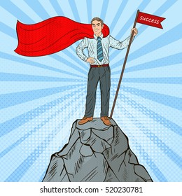 Pop Art Super Businessman on Top of the Mountain with Success Flag. Vector illustration