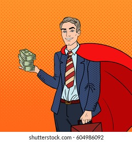 Pop Art Super Businessman in Red Cape with Money. Business Success. Vector illustration