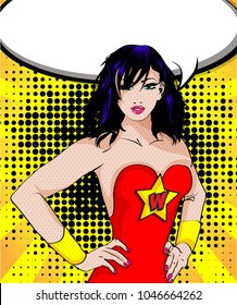 Pop Art Super Hero Woman with speech bubble. Iconic woman symbol of female power. cartoon woman an attitude. 