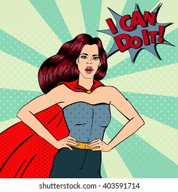 Pop Art Super Woman In Superhero Costume. Pin Up Girl. Vector Illustration