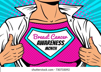 Pop art superhero. Closeup of young woman dressed in white jacket shows superhero pink t-shirt with Breast Cancer Awareness Month text on the chest. Vector illustration in retro pop art comic style.