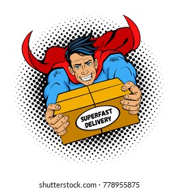 Pop art superhero. Young handsome happy man in a superhero costume flies holding big box with super fast delivery text. Vector illustration in retro pop art comic style isolated on white background.