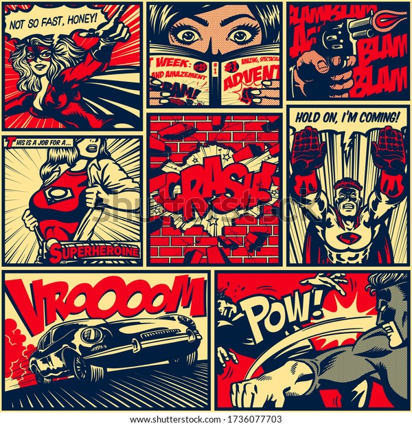 Pop art\
superheroes comic book page layout seamless pattern background\
vintage comics design vector\
illustration