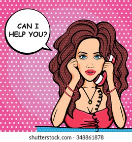 Pop art support woman on phone with message I Can Help You, retro comic style brunette secretary illustration