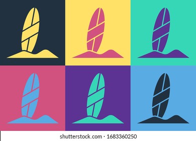 Pop art Surfboard icon isolated on color background. Surfing board. Extreme sport. Sport equipment.  Vector Illustration