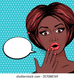 Pop Art Surprised African American woman with open mouth on dotted background. Retro Shocked Woman Face Vector Illustration.