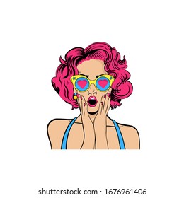 Pop art surprised blond woman face with sunglass and open mouth. Girl with smartphone. Digital advertisement. Some news or sale concept. Cartoon comic vector illustration in pop art retro style.
