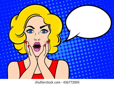 Pop art surprised blond woman with open mouth on a blue vintage background. Vector illustration with bubble for text