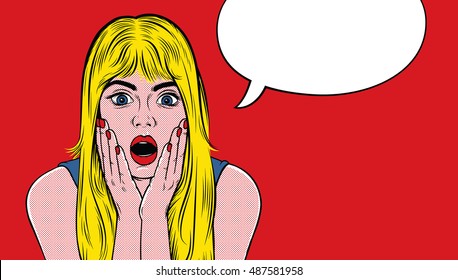 Pop art surprised blond woman face with open mouth. Comic woman with speech bubble. Advertising poster. Promo girl your advertising. Vector illustration for Designs: Poster, Invitation, Banner, etc.