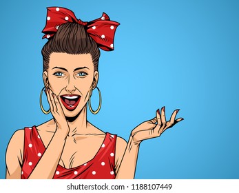 Pop art surprised blonde hair woman in pink dress with eyeglasses and open mouth on gray halftone background vector illustration