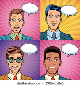 Pop art surprised businessmen faces cartoon