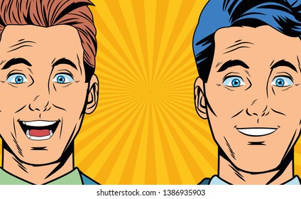 Pop art surprised businessmen faces cartoon