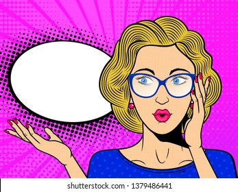 Pop art surprised female face with. Comic blonde woman in glasses with speech bubble. Retro pink dotted background. Stock vector illustration.