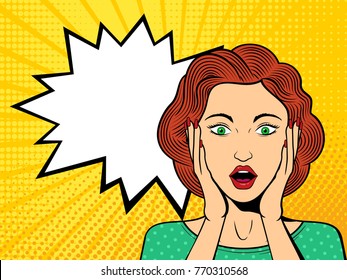 Pop art surprised female face with open mouth. Comic woman with speech bubble. Retro dotted background. Stock vector illustration.