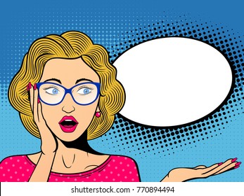 Pop art surprised female face with open mouth. Comic woman in glasses with speech bubble. Retro dotted background. Stock vector illustration.