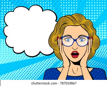 Pop art surprised female face with open mouth. Comic blonde woman in glasses with speech bubble. Retro dotted background. Stock vector illustration.