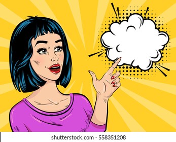 Pop art surprised girl in purple blouse with speech bubble and halftone effect on comic background vector illustration