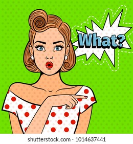 Pop art surprised lady. Young beautiful girl with what sign, pretty comic art shocked woman vector illustration