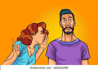 Pop art surprised man face with open mouth. surprised pop comic of art man with wide open eyes and mouth and rising hands screaming. Vector background in comic retro pop art style. 