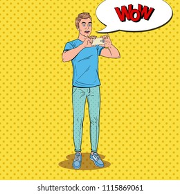 Pop Art Surprised Man Making Video on Smartphone. Teenager Guy Taking Photo on Mobile Phone. Vector illustration