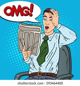 Pop Art Surprised Man Reading Newspaper and Grabbed His Head. Bad News. Vector illustration