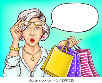 Pop art surprised old woman with shopping bags and wow face expression, grandmother, senior fashioned lady portrait with modern hairstyle on retro comic book style background, vector Illustration