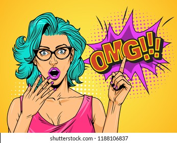 Pop art surprised pretty girl in red dress with glasses and bow pointing at comic speech bubble vector illustration