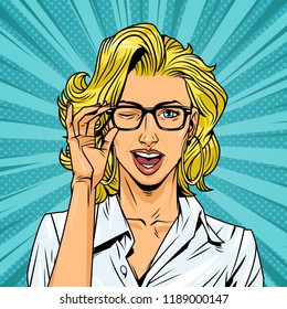 Pop art surprised pretty girl in green dress with eyeglasses on yellow comic background vector illustration