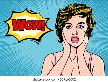 Pop art surprised woman. Comic woman with speech bubble Wow!.-Vector illustration 