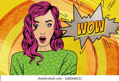 Pop art surprised woman face with open mouth