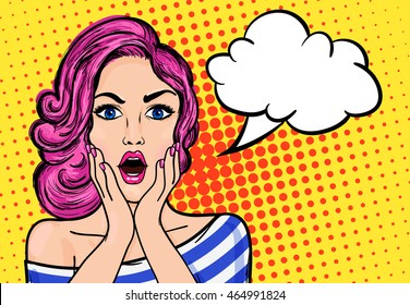 Pop art surprised woman with open mouth on a yellow vintage background. Vector illustration with bubble for text. Eps 10