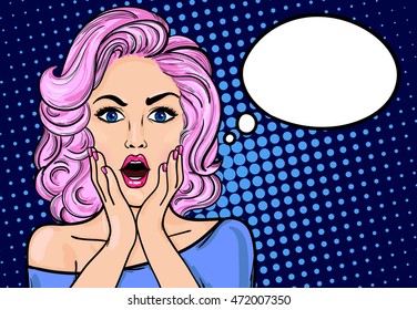 Pop art surprised woman with open mouth on a dark blue vintage background. Vector illustration with bubble for text