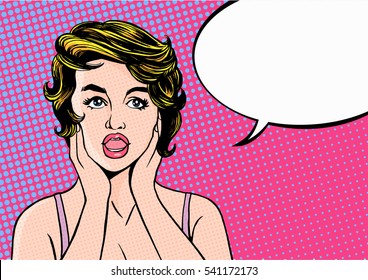 Pop art surprised woman with open mouth on vintage background.-Vector illustration