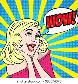 Pop Art surprised woman. Retro comic poster. Vector illustration.