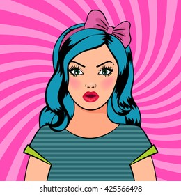 Pop art surprised woman. Vector comic surprised woman with open mouth